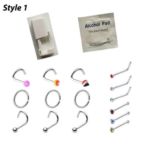Safety nose piercing kit with disposable tool, alcohol pad and colorful stud set