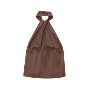 Detail of dark brown halter neck top showing soft knit fabric and back button closure