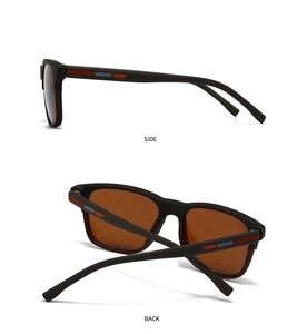 Detailed side and back views of matte black sports sunglasses with red and blue temple stripes