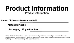 Detailed specifications for 4cm Christmas balls showing plastic material and PVC packaging