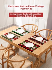 Detail view of retro Christmas cotton linen placemats with vintage festive patterns