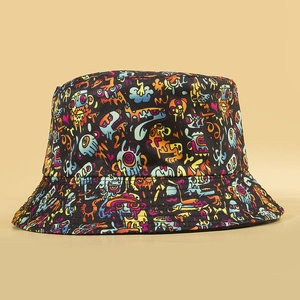 Bucket Hat Reversible Polyester Cartoon Graffiti Monster Print Sun Protection Outdoor Streetwear For Adults