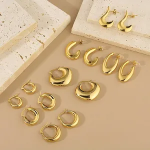 Geometric Oval Hoop Earrings 316L Stainless Steel 18K Gold Plated Minimalist Chunky Ear Jewelry For Women