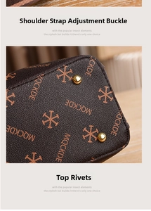 Close-up of luxury brown leather bag with golden rivets and logo embossed pattern
