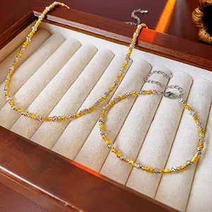 18k gold plated two-tone mixed bead necklace and bracelet set in jewelry box