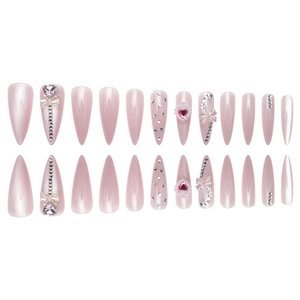 24pcs pink cat eye press-on nails with 3D hearts, pearls, and crystals for a glam look