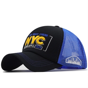 3D NYC embroidered trucker hat in black and blue mesh with yellow Big Apple logo