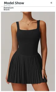 Detail of premium black sleeveless pleated tennis dress with square neckline and built-in shorts