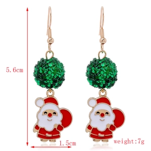 Cartoon Santa Claus and green sequin ball Christmas earrings with 5.6cm height measurement