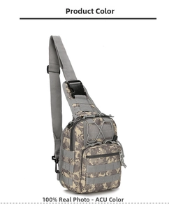 Detailed view of ACU digital camo tactical chest bag with Molle system and grey strap