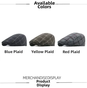 Three British plaid flat caps in blue, brown, and grey wool blend side profile view