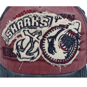 Distressed vintage baseball cap with 3D shark embroidery and frayed patch details