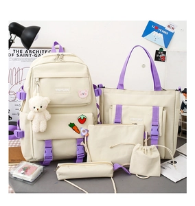 Detailed view of a 5-piece beige and purple canvas school bag set with a plush bear charm