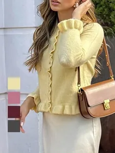 Women Knitted Cardigan Ruffle Lettuce Trim Round Neck Long Sleeve Solid Casual Sweater Acrylic Polyester Blend