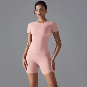 Détails du haut de yoga rose à manches courtes et short taille haute pour sport
