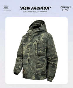 Detail of waterproof camouflage jacket with multiple pockets and adjustable hood