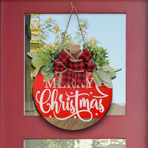 Wooden Merry Christmas wreath sign with red finish and plaid bow for door decor
