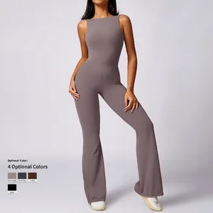Slim fit backless yoga jumpsuit with flared legs in smoky purple high-stretch fabric