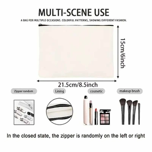 Detail view of white canvas makeup bag featuring zipper close, lining, and storage capacity