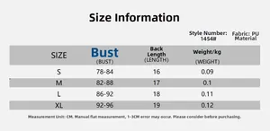 Size chart table showing bust and length measurements for PU halter crop top