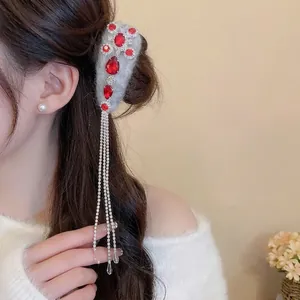 Flocked Rhinestone Long Tassel Hair Clip Water Drop Luxury Retro Winter Headwear Elegant Hairpin For Women