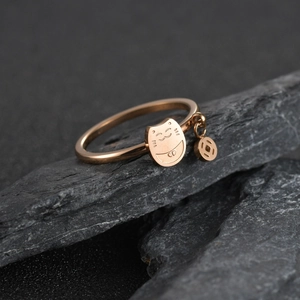 Roségoldener Katzenring mit Münzanhänger auf Naturstein, eleganter Edelstahlschmuck
