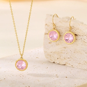 Elegant gold-plated jewelry set with round pink crystal pendant necklace and earrings