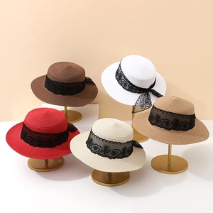Women Straw Sun Hat Lace Ribbon Bow Flat Top Wide Brim Summer Beach Vacation Elegant Panama Boater Style
