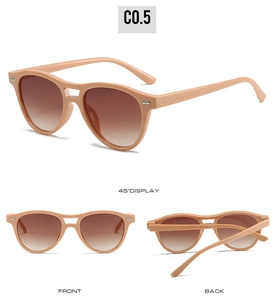 Multi-angle views of champagne oval sunglasses with rivets and brown gradient lenses