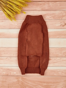 Flat lay of rust red pet knit sweater with turtleneck design on a natural wooden background