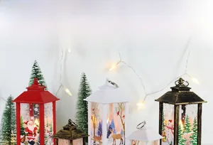 Detail of festive LED lanterns with Santa and snowman prints on warm starry background