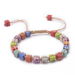 Detailed shot of multi-color bohemian imperial stone square bead braided bracelet