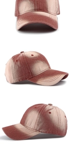 Detailed views of washed denim baseball cap with reddish-brown and beige gradient finish