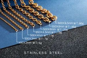 Size comparison chart for stainless steel link chains with various widths and weights
