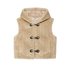 Women Faux Fur Hooded Vest Waistcoat Leather Buckle Closure Solid Color Warm Casual Winter Outerwear