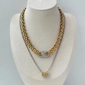 Hip Hop Chunky Chain Necklace 18K Gold Plated Stainless Steel Woven Necklace Brass Pave Zirconia Carabiner Clasp Jewelry Gift Women