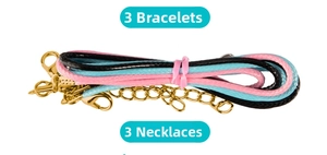 DIY jewelry set featuring pink, blue, and black woven cords with golden lobster clasps