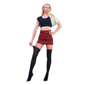 Crop top nero da donna con minigonna scozzese rossa e calze sopra il ginocchio set