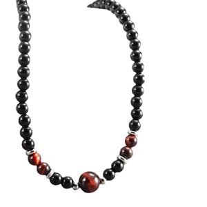Men's stainless steel OT clasp necklace with black and brown tiger eye stone beads