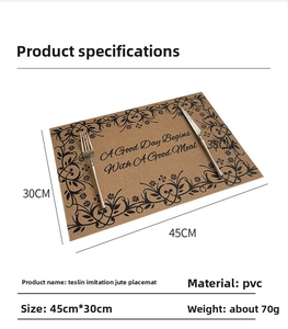 Detail showing 45x30cm brown faux jute PVC place mat with elegant black floral pattern