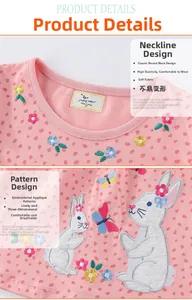 Detailed view of girl's pink polka dot dress with animal embroidery and crew neck design