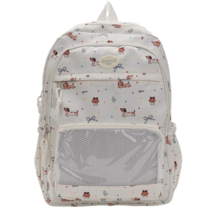 Front detail of cute dachshund print backpack with transparent clear pocket mesh window
