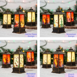 Retro LED Christmas lanterns with Santa, Snowman, Reindeer, and Nativity illustrations