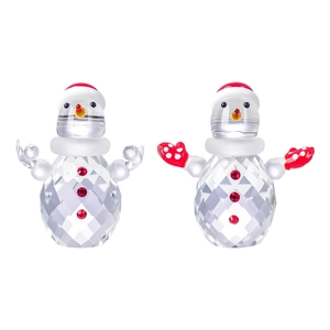 Set of two faceted crystal snowman figurines with red hats and sparkling glass finish