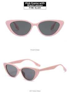 Front and profile view of pink cat eye sunglasses with high-quality dark grey UV lenses