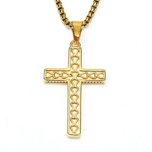Gilded stainless steel cross pendant necklace with heart cutout and durable box chain