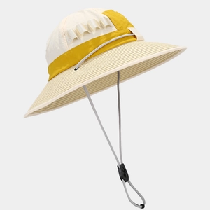 Detail of outdoor sun hat featuring straw brim, quick-dry fabric, and adjustable wind rope