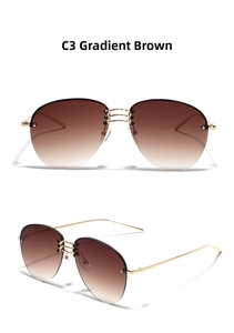 Detail of C3 gradient tea lenses and gold metal frame on rimless aviator sunglasses
