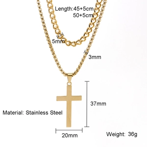 Double-layered gold stainless steel necklace with Cuban chain and cross pendant