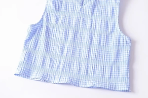 Detailed flat lay of blue checkered sleeveless crop top with elastic smocked texture